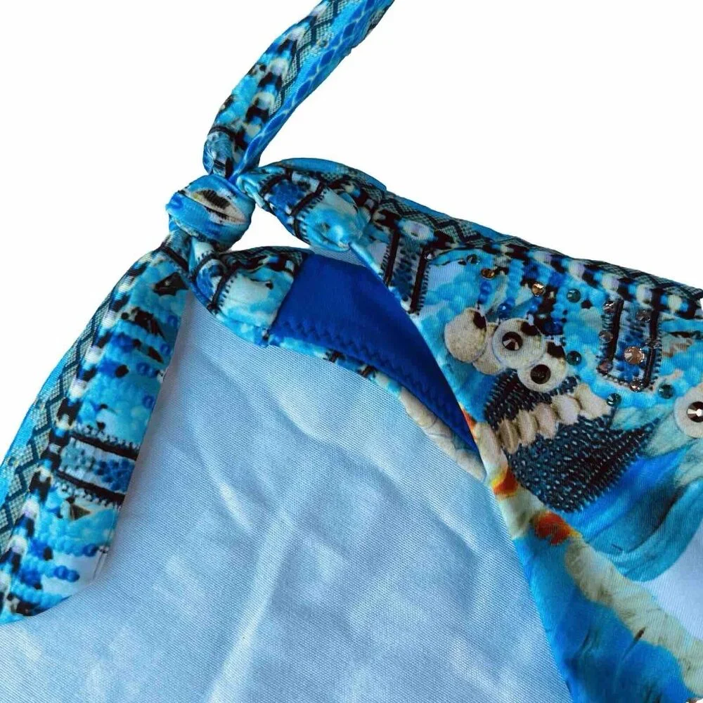 Camilla - Women's XL Bikini Bottom Side Tie Adjustable Blue Gem Beaded Luxury - Picture 7 of 10